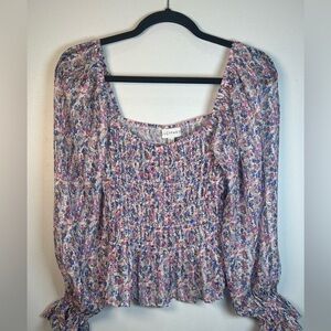 Lucy Paris Blue/Pink Floral Smocked Top. Long sleeve. Square Neck. #Babydoll. S.